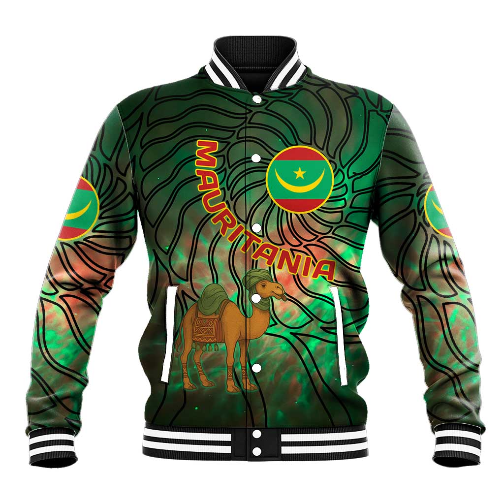 Mauritania Baseball Jacket with Green Tie Dye Camel and Crescent Moon Flag Design