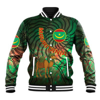 Mauritania Baseball Jacket with Green Tie Dye Camel and Crescent Moon Flag Design