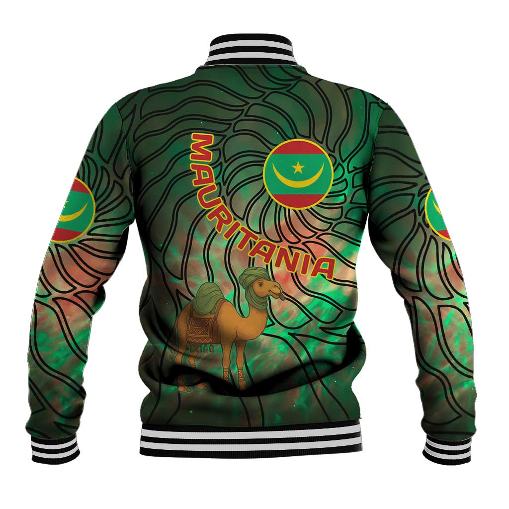Mauritania Baseball Jacket with Green Tie Dye Camel and Crescent Moon Flag Design