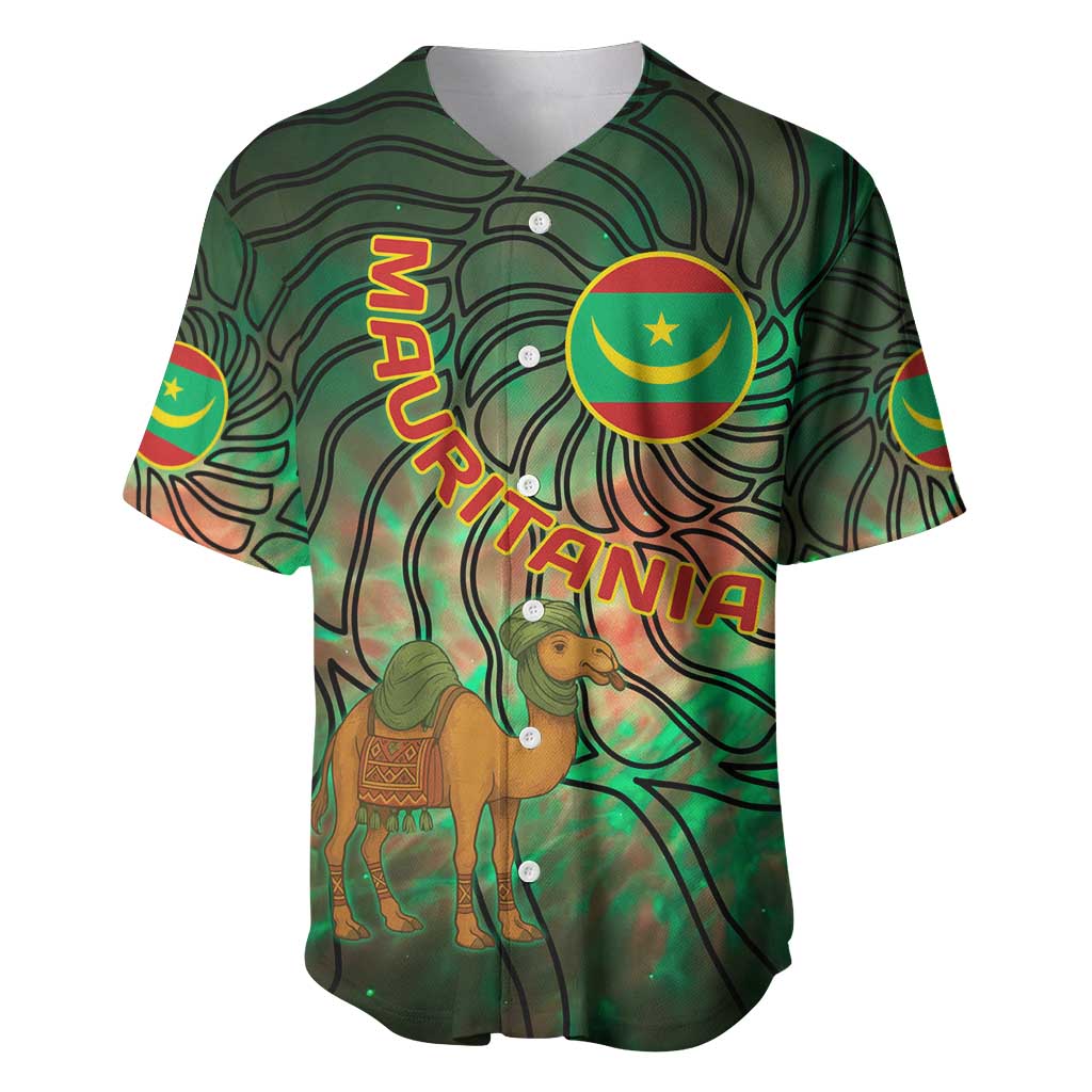 Mauritania Baseball Jersey with Green Tie Dye Camel and Crescent Moon Flag Design