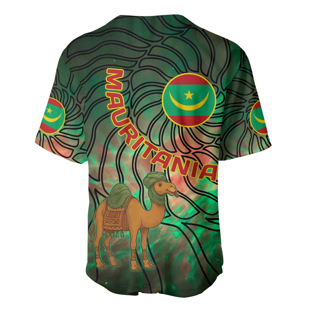 Mauritania Baseball Jersey with Green Tie Dye Camel and Crescent Moon Flag Design