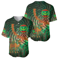 Mauritania Baseball Jersey with Green Tie Dye Camel and Crescent Moon Flag Design