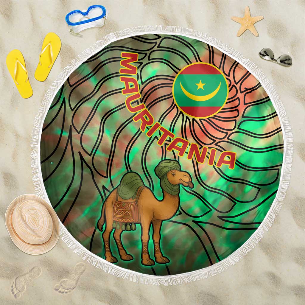 Mauritania Beach Blanket with Green Tie Dye Camel and Crescent Moon Flag Design