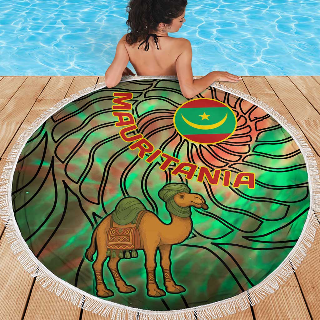 Mauritania Beach Blanket with Green Tie Dye Camel and Crescent Moon Flag Design