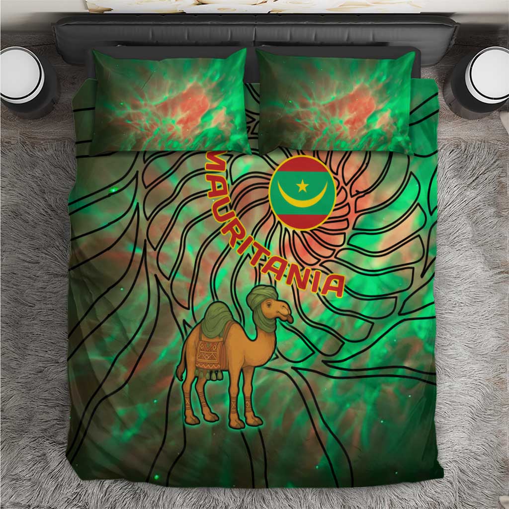 Mauritania Bedding Set with Green Tie Dye Camel and Crescent Moon Flag Design