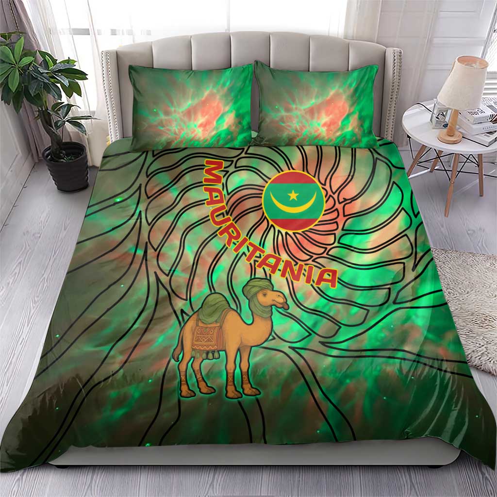 Mauritania Bedding Set with Green Tie Dye Camel and Crescent Moon Flag Design