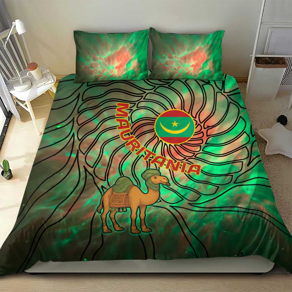 Mauritania Bedding Set with Green Tie Dye Camel and Crescent Moon Flag Design