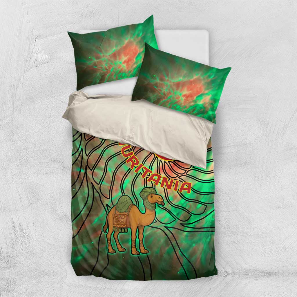 Mauritania Bedding Set with Green Tie Dye Camel and Crescent Moon Flag Design