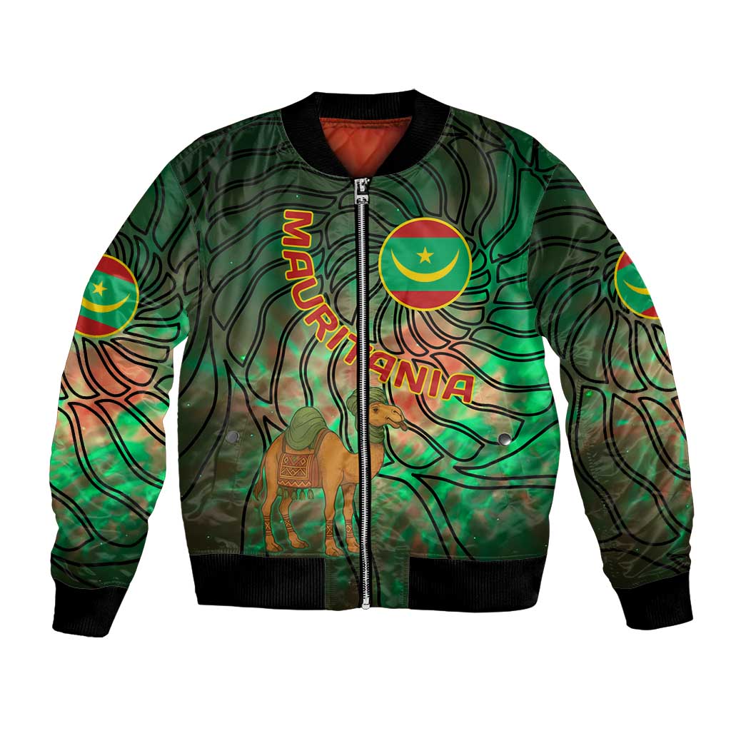 Mauritania Bomber Jacket with Green Tie Dye Camel and Crescent Moon Flag Design