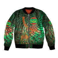 Mauritania Bomber Jacket with Green Tie Dye Camel and Crescent Moon Flag Design