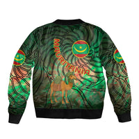 Mauritania Bomber Jacket with Green Tie Dye Camel and Crescent Moon Flag Design