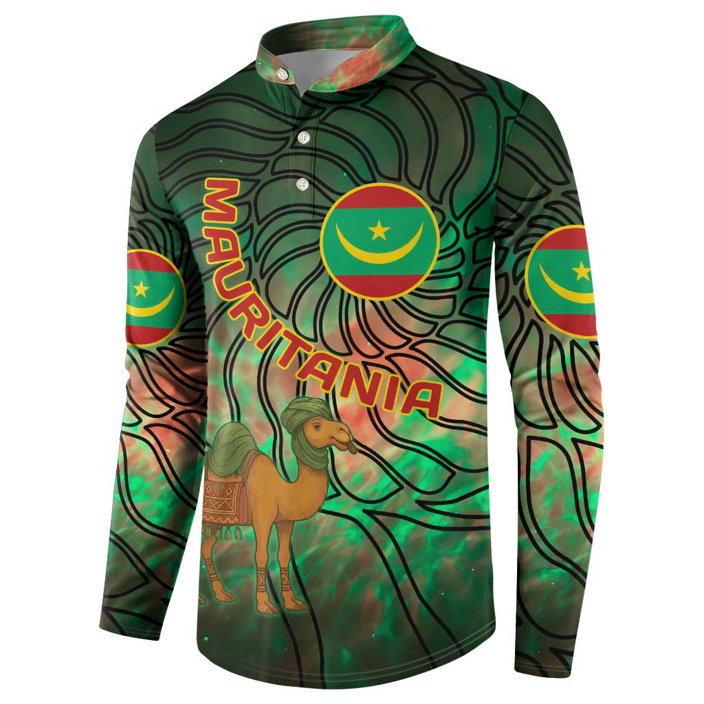 Mauritania Button Sweatshirt with Green Tie Dye Camel and Crescent Moon Flag Design
