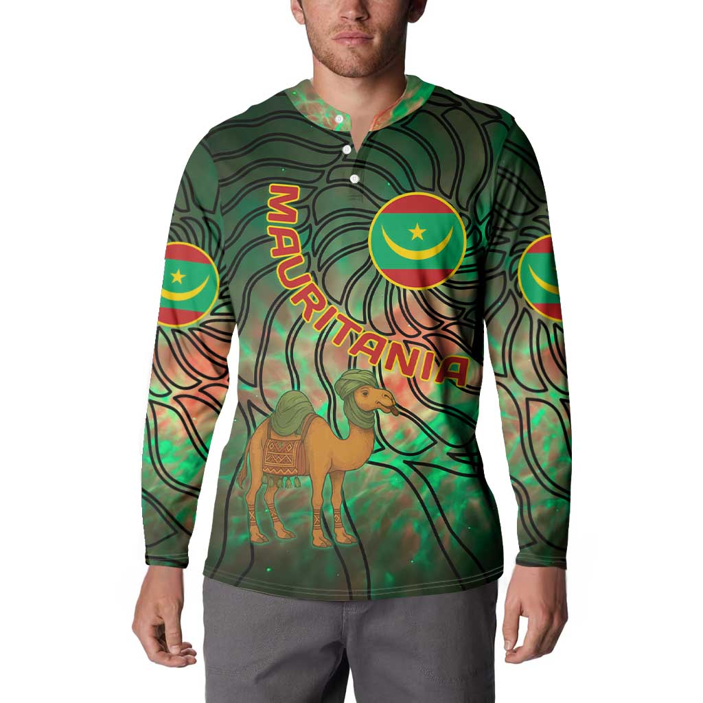 Mauritania Button Sweatshirt with Green Tie Dye Camel and Crescent Moon Flag Design