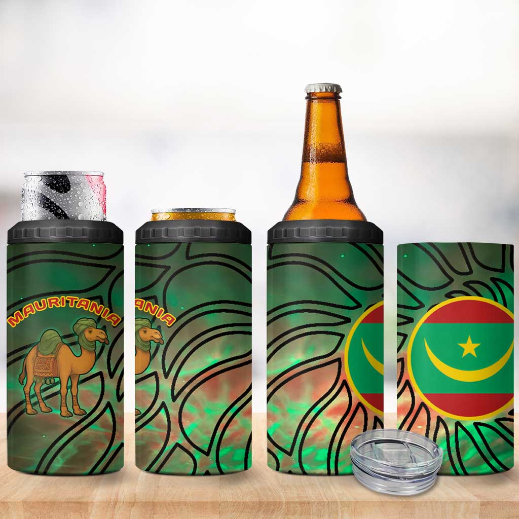 Mauritania 4 in 1 Can Cooler Tumbler with Green Tie Dye Camel and Crescent Moon Flag Design