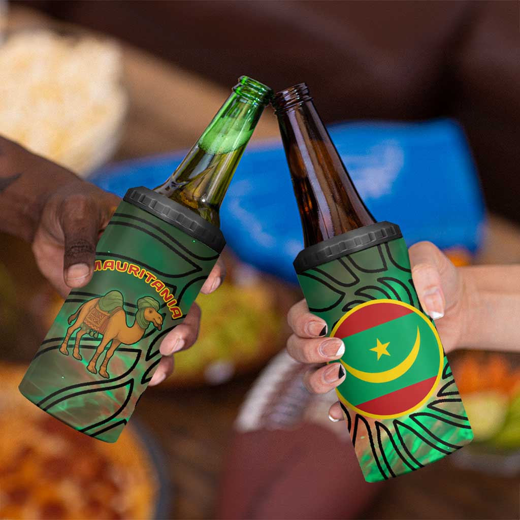 Mauritania 4 in 1 Can Cooler Tumbler with Green Tie Dye Camel and Crescent Moon Flag Design