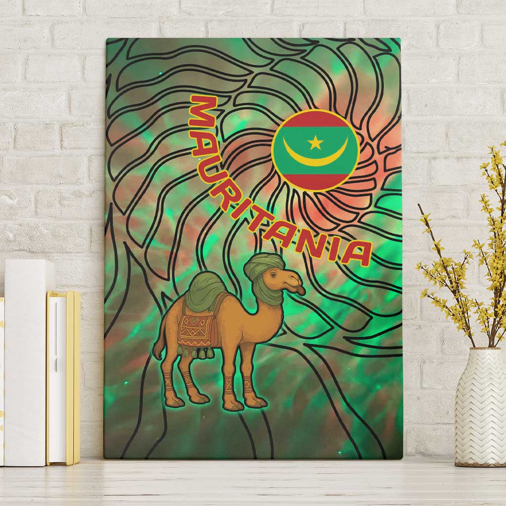 Mauritania Canvas Wall Art with Green Tie Dye Camel and Crescent Moon Flag Design