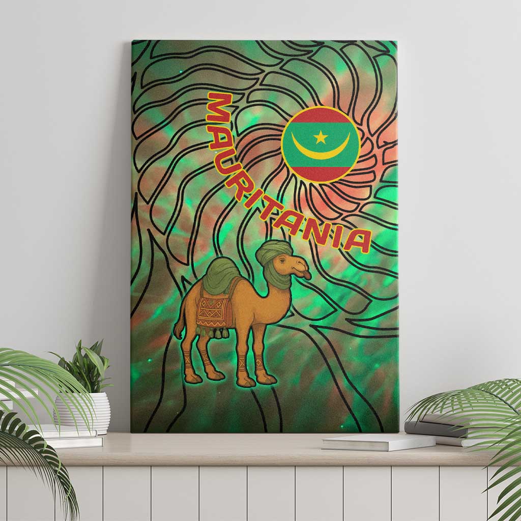 Mauritania Canvas Wall Art with Green Tie Dye Camel and Crescent Moon Flag Design