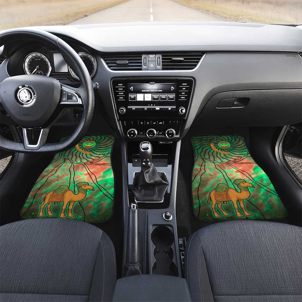 Mauritania Car Mats with Green Tie Dye Camel and Crescent Moon Flag Design