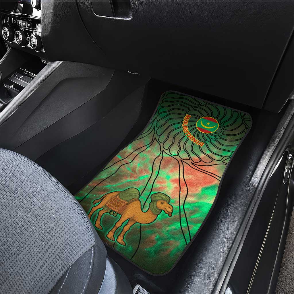 Mauritania Car Mats with Green Tie Dye Camel and Crescent Moon Flag Design