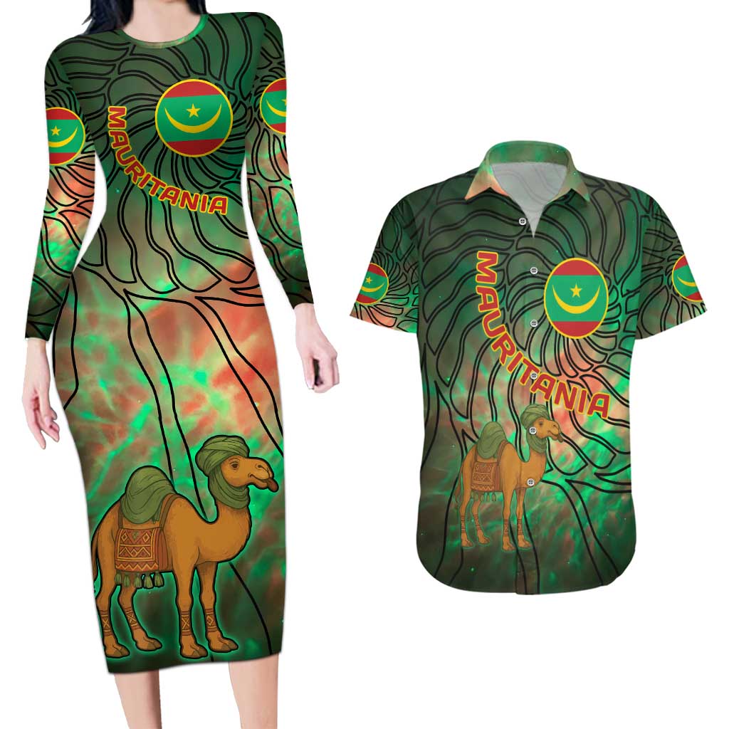 Mauritania Couples Matching Long Sleeve Bodycon Dress and Hawaiian Shirt with Green Tie Dye Camel and Crescent Moon Flag Design