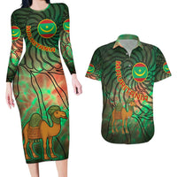 Mauritania Couples Matching Long Sleeve Bodycon Dress and Hawaiian Shirt with Green Tie Dye Camel and Crescent Moon Flag Design