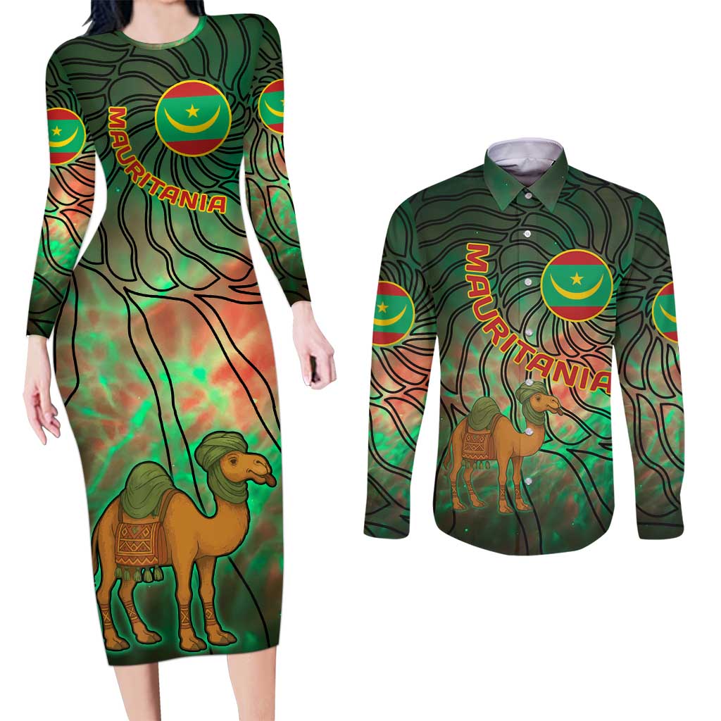 Mauritania Couples Matching Long Sleeve Bodycon Dress and Long Sleeve Button Shirt with Green Tie Dye Camel and Crescent Moon Flag Design