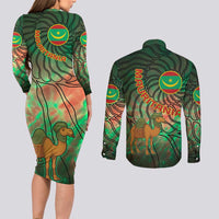 Mauritania Couples Matching Long Sleeve Bodycon Dress and Long Sleeve Button Shirt with Green Tie Dye Camel and Crescent Moon Flag Design