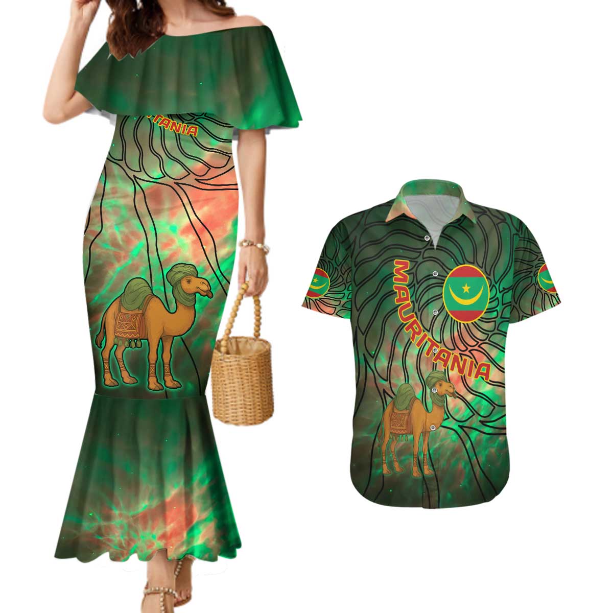 Mauritania Couples Matching Mermaid Dress and Hawaiian Shirt with Green Tie Dye Camel and Crescent Moon Flag Design