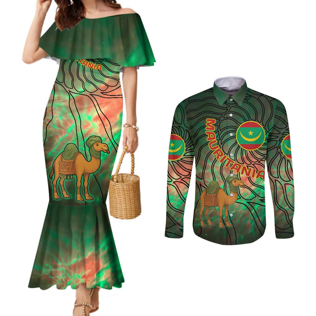 Mauritania Couples Matching Mermaid Dress and Long Sleeve Button Shirt with Green Tie Dye Camel and Crescent Moon Flag Design