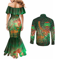 Mauritania Couples Matching Mermaid Dress and Long Sleeve Button Shirt with Green Tie Dye Camel and Crescent Moon Flag Design
