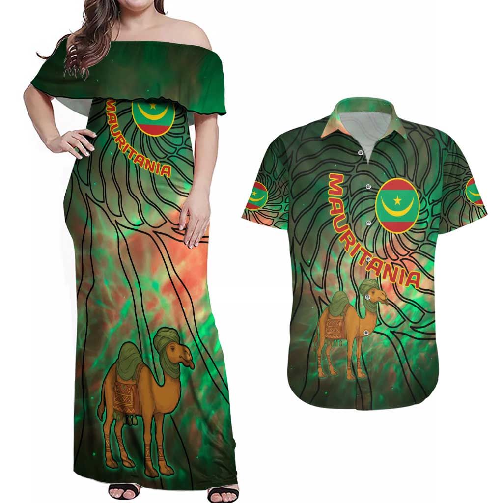 Mauritania Couples Matching Off Shoulder Maxi Dress and Hawaiian Shirt with Green Tie Dye Camel and Crescent Moon Flag Design