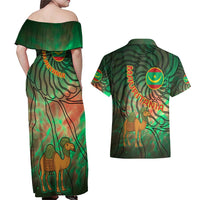 Mauritania Couples Matching Off Shoulder Maxi Dress and Hawaiian Shirt with Green Tie Dye Camel and Crescent Moon Flag Design