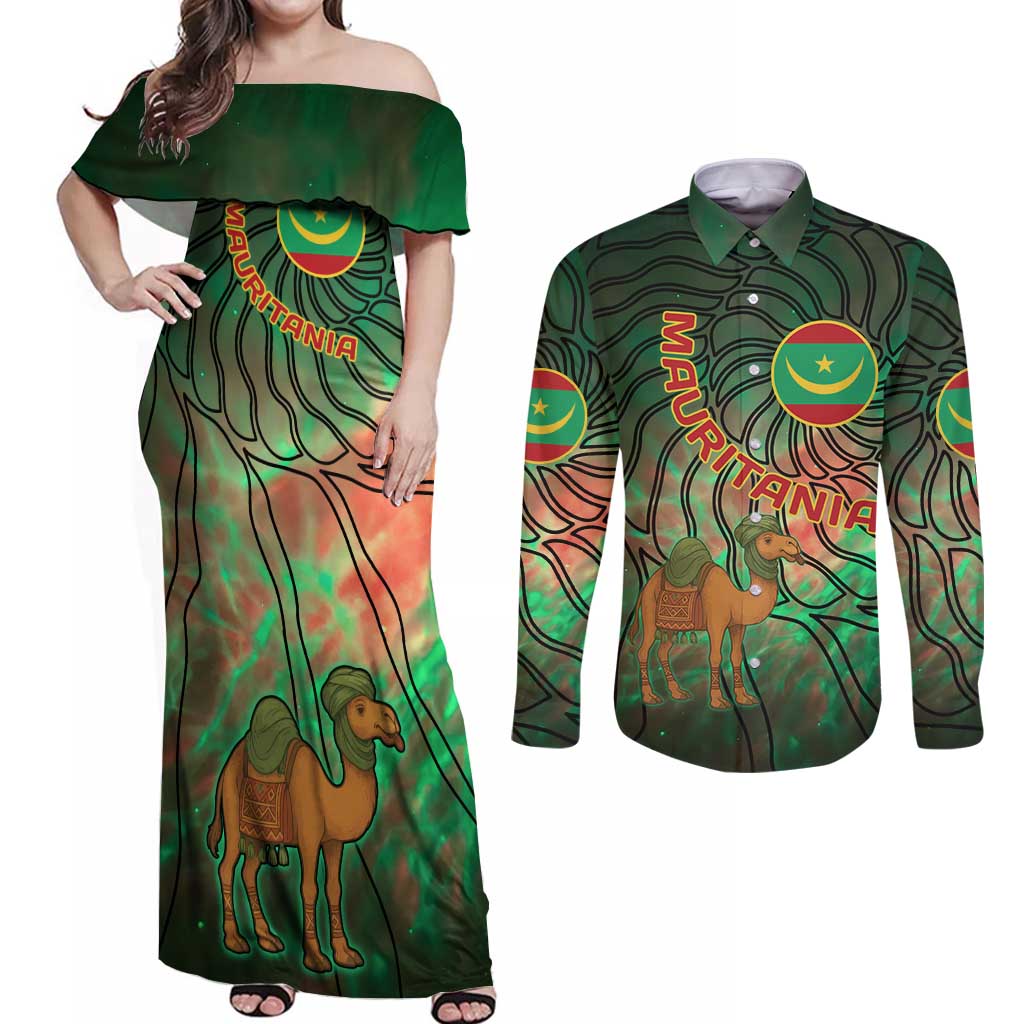 Mauritania Couples Matching Off Shoulder Maxi Dress and Long Sleeve Button Shirt with Green Tie Dye Camel and Crescent Moon Flag Design
