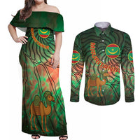 Mauritania Couples Matching Off Shoulder Maxi Dress and Long Sleeve Button Shirt with Green Tie Dye Camel and Crescent Moon Flag Design