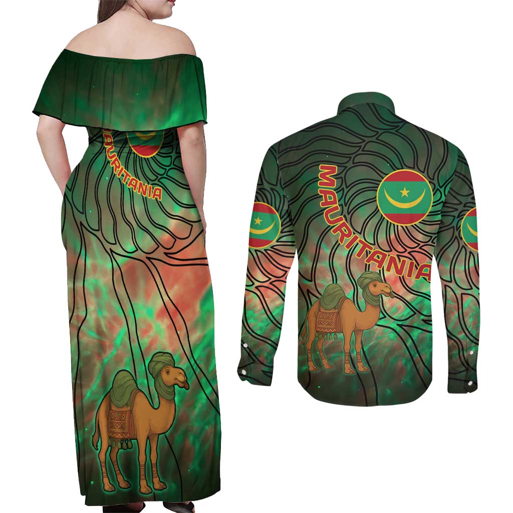 Mauritania Couples Matching Off Shoulder Maxi Dress and Long Sleeve Button Shirt with Green Tie Dye Camel and Crescent Moon Flag Design