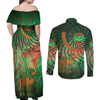 Mauritania Couples Matching Off Shoulder Maxi Dress and Long Sleeve Button Shirt with Green Tie Dye Camel and Crescent Moon Flag Design