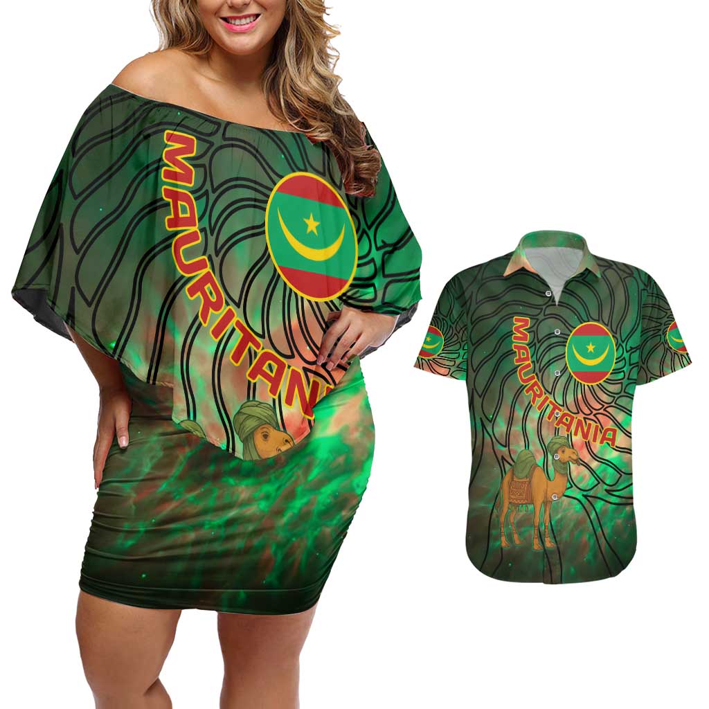 Mauritania Couples Matching Off Shoulder Short Dress and Hawaiian Shirt with Green Tie Dye Camel and Crescent Moon Flag Design