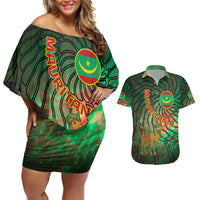 Mauritania Couples Matching Off Shoulder Short Dress and Hawaiian Shirt with Green Tie Dye Camel and Crescent Moon Flag Design