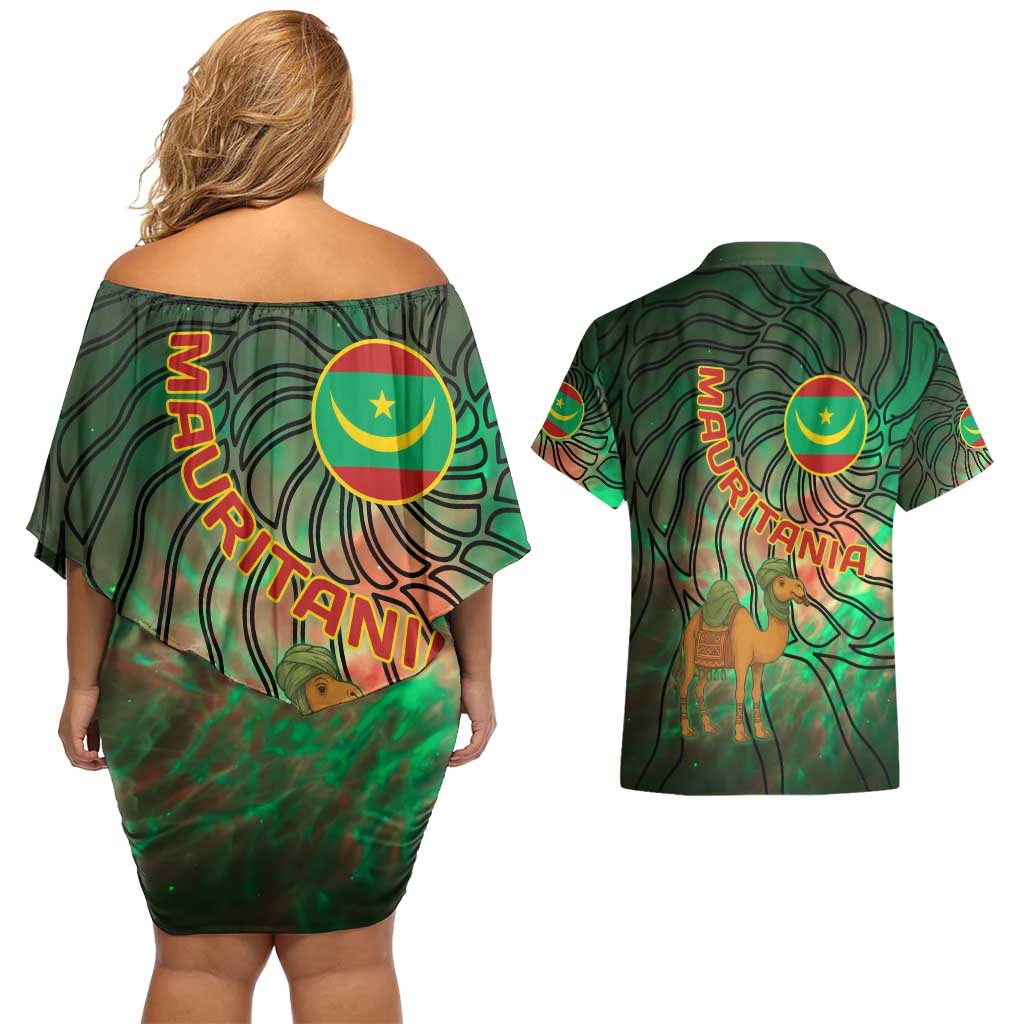 Mauritania Couples Matching Off Shoulder Short Dress and Hawaiian Shirt with Green Tie Dye Camel and Crescent Moon Flag Design