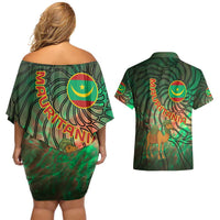 Mauritania Couples Matching Off Shoulder Short Dress and Hawaiian Shirt with Green Tie Dye Camel and Crescent Moon Flag Design