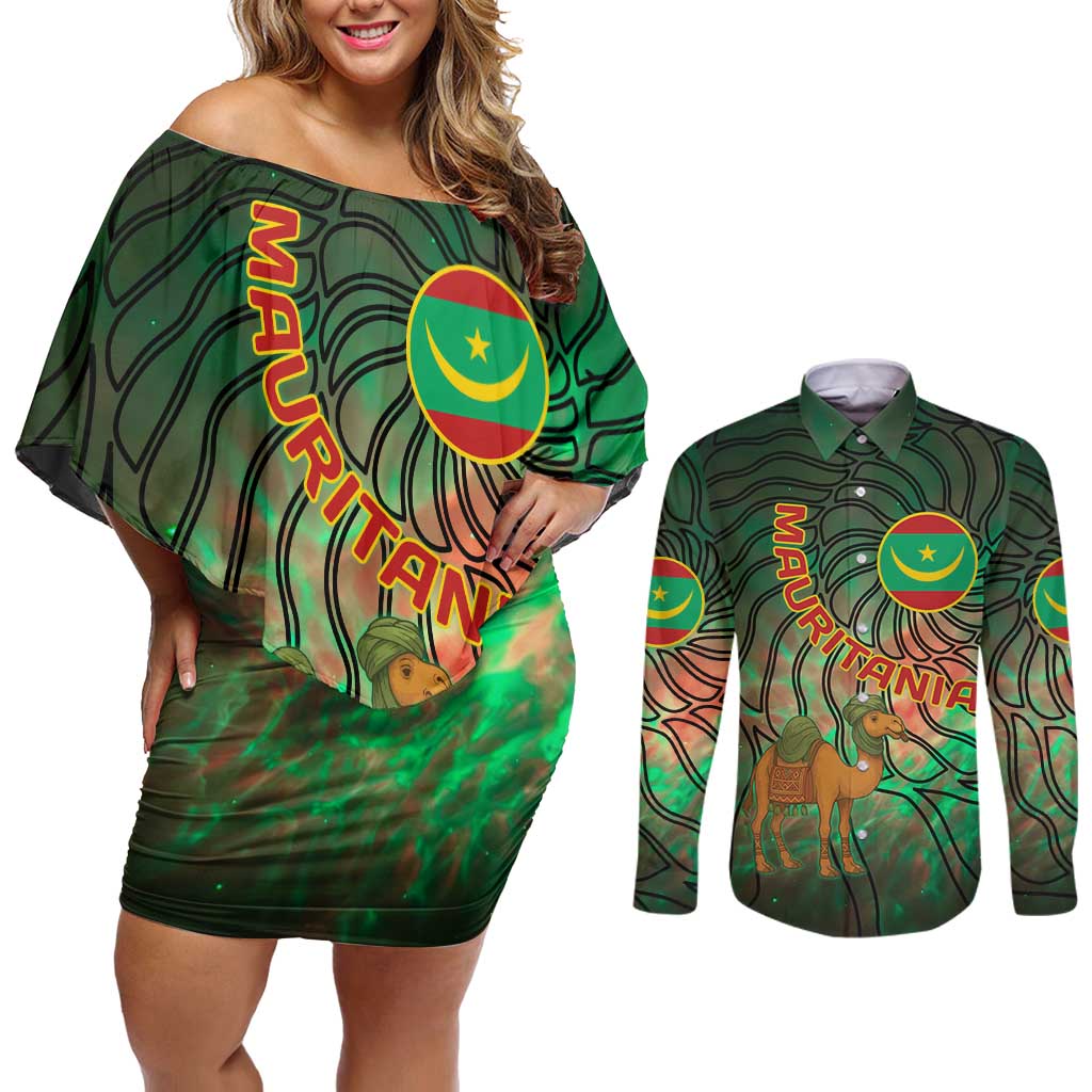 Mauritania Couples Matching Off Shoulder Short Dress and Long Sleeve Button Shirt with Green Tie Dye Camel and Crescent Moon Flag Design