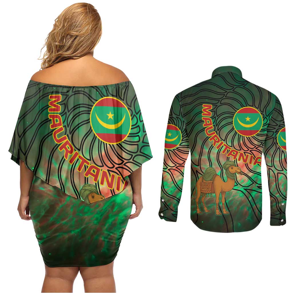 Mauritania Couples Matching Off Shoulder Short Dress and Long Sleeve Button Shirt with Green Tie Dye Camel and Crescent Moon Flag Design