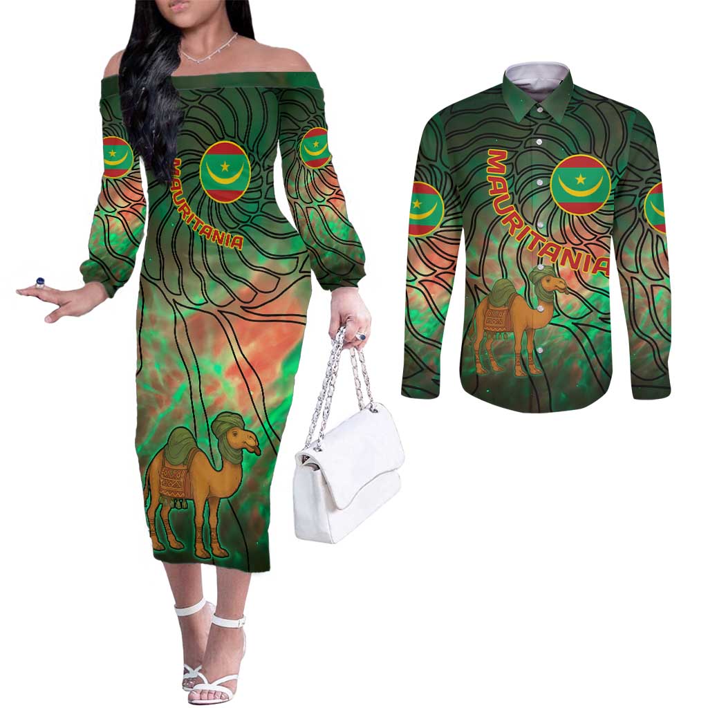Mauritania Couples Matching Off The Shoulder Long Sleeve Dress and Long Sleeve Button Shirt with Green Tie Dye Camel and Crescent Moon Flag Design