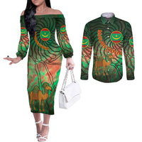 Mauritania Couples Matching Off The Shoulder Long Sleeve Dress and Long Sleeve Button Shirt with Green Tie Dye Camel and Crescent Moon Flag Design