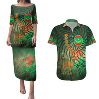 Mauritania Couples Matching Puletasi and Hawaiian Shirt with Green Tie Dye Camel and Crescent Moon Flag Design