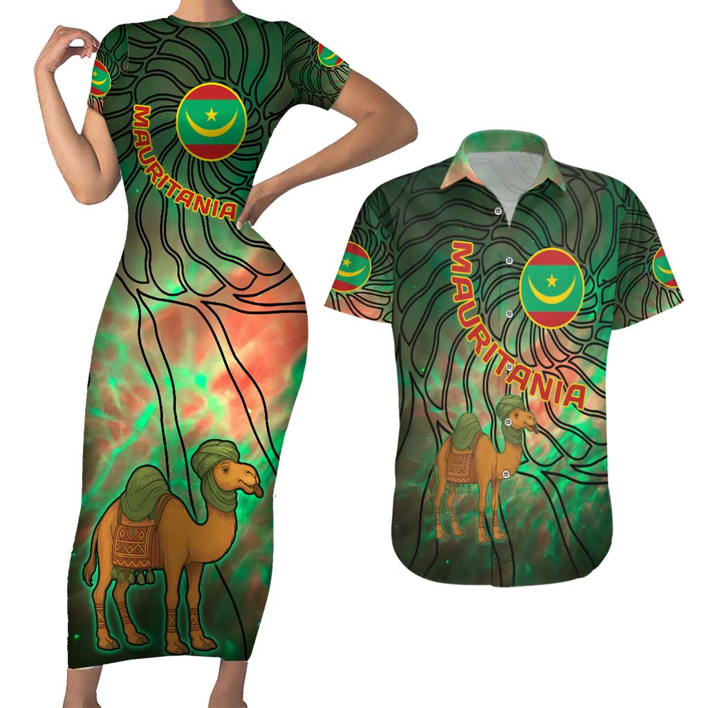 Mauritania Couples Matching Short Sleeve Bodycon Dress and Hawaiian Shirt with Green Tie Dye Camel and Crescent Moon Flag Design