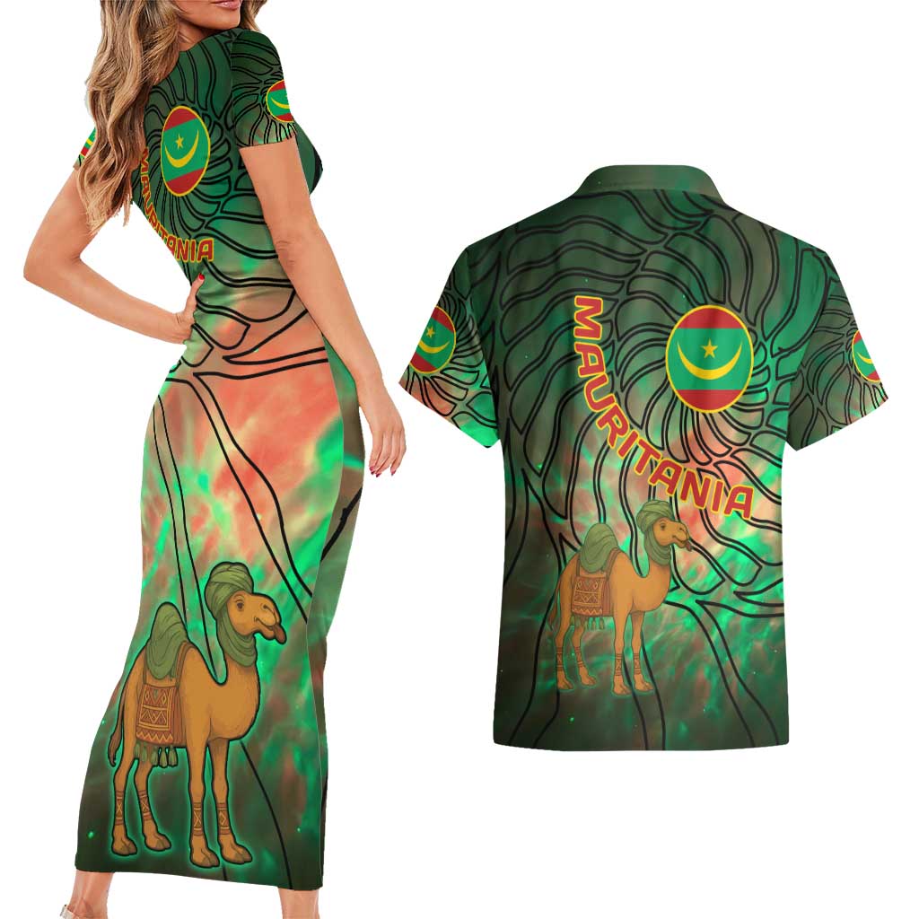 Mauritania Couples Matching Short Sleeve Bodycon Dress and Hawaiian Shirt with Green Tie Dye Camel and Crescent Moon Flag Design