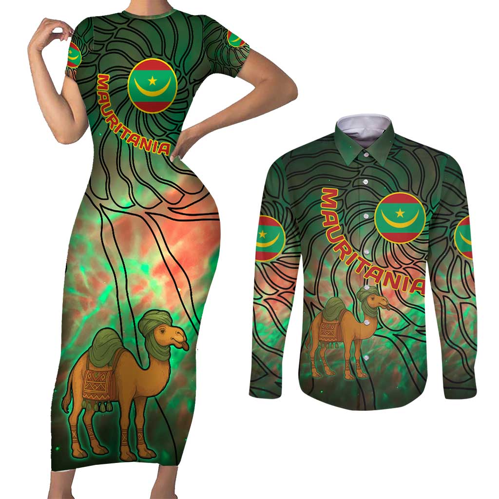 Mauritania Couples Matching Short Sleeve Bodycon Dress and Long Sleeve Button Shirt with Green Tie Dye Camel and Crescent Moon Flag Design