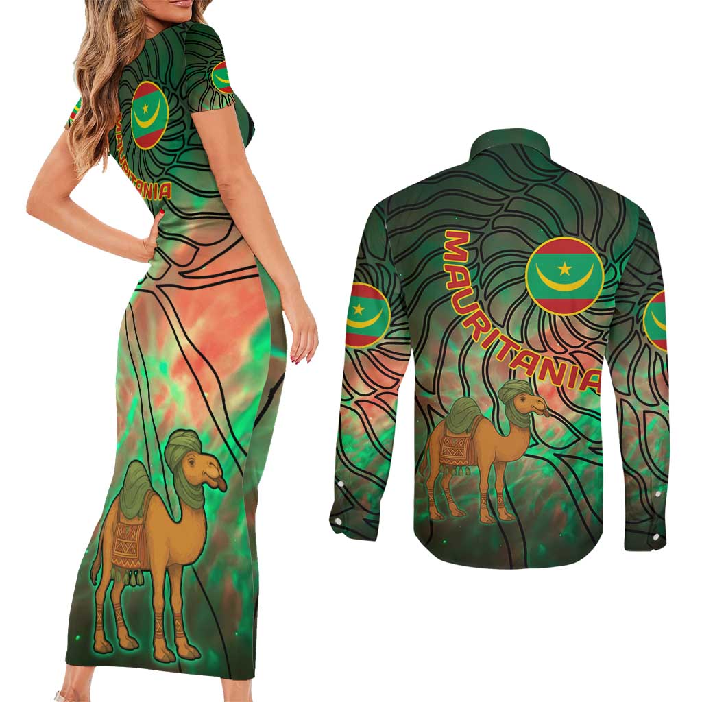 Mauritania Couples Matching Short Sleeve Bodycon Dress and Long Sleeve Button Shirt with Green Tie Dye Camel and Crescent Moon Flag Design