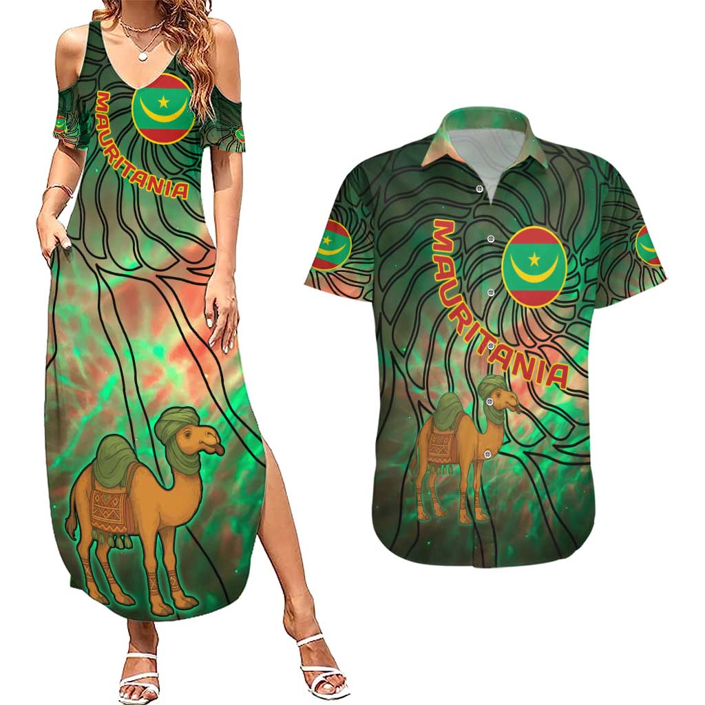 Mauritania Couples Matching Summer Maxi Dress and Hawaiian Shirt with Green Tie Dye Camel and Crescent Moon Flag Design